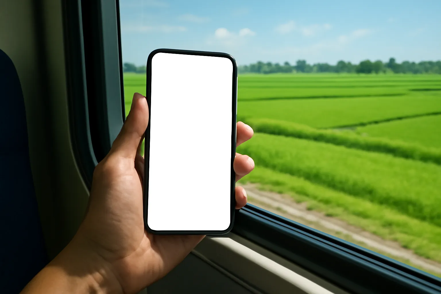 Bàn tay cầm điện thoại cạnh cửa sổ tàu hoả, cánh đồng xanh lướt qua bên ngoài
