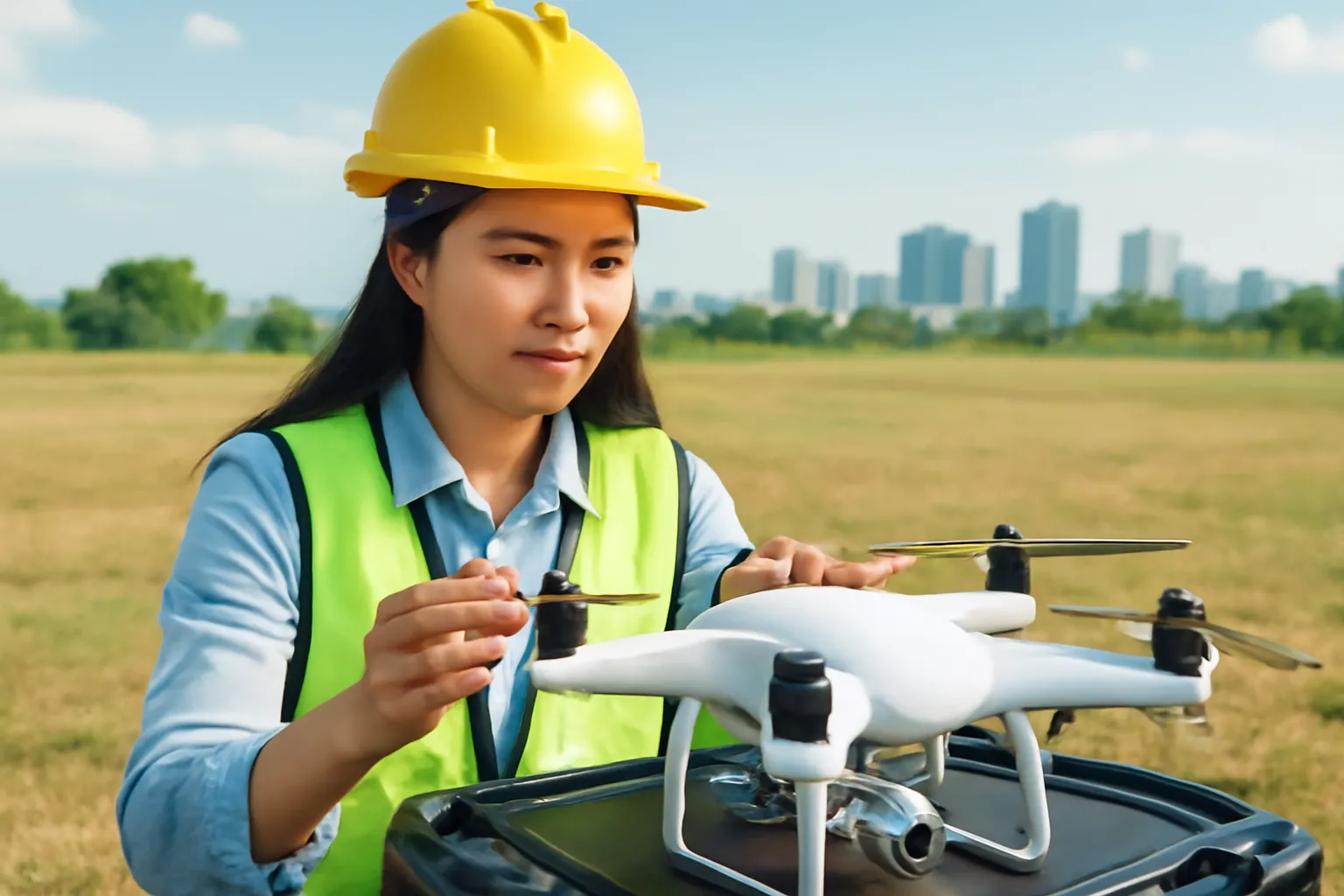 Nữ kỹ sư kiểm tra cánh quạt drone đặt trên nắp vali ở bãi đất trống ven đô