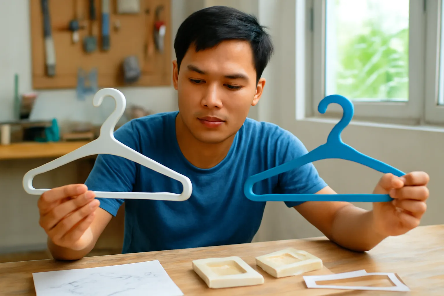 Người thợ trẻ so hai chiếc móc phơi đồ nhựa trên bàn gỗ trong xưởng nhỏ