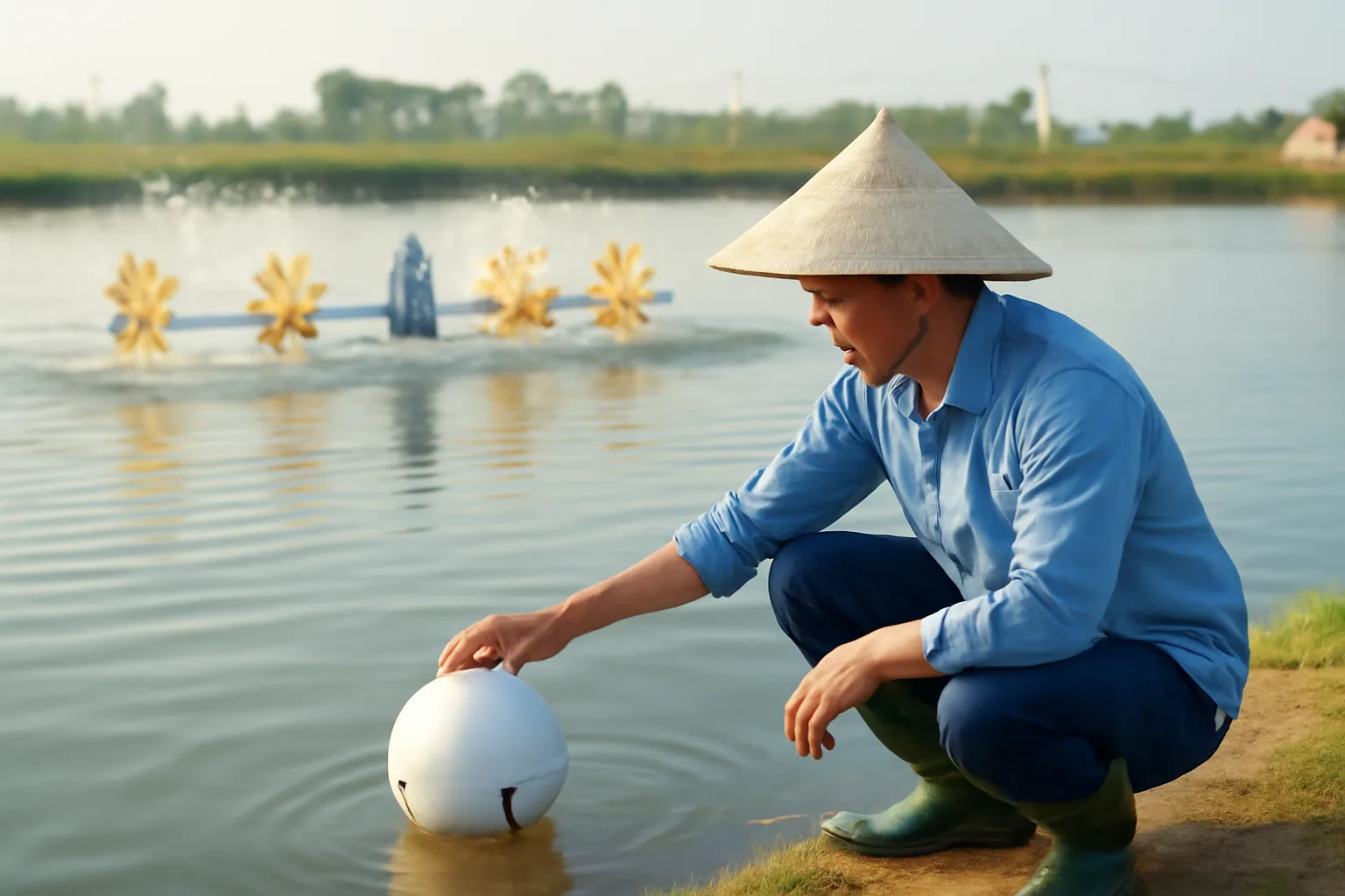Anh nuôi tôm cúi xuống phao cảm biến trắng trên ao có quạt nước buổi sáng sớm