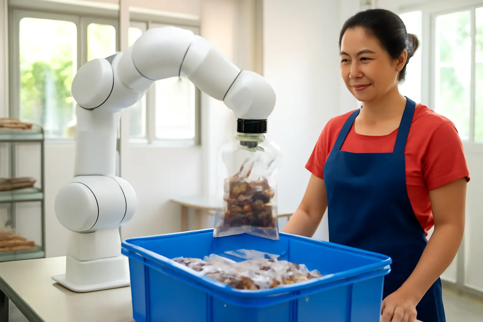Cánh tay robot trắng gắp túi nông sản từ thùng nhựa xanh trong xưởng đóng gói