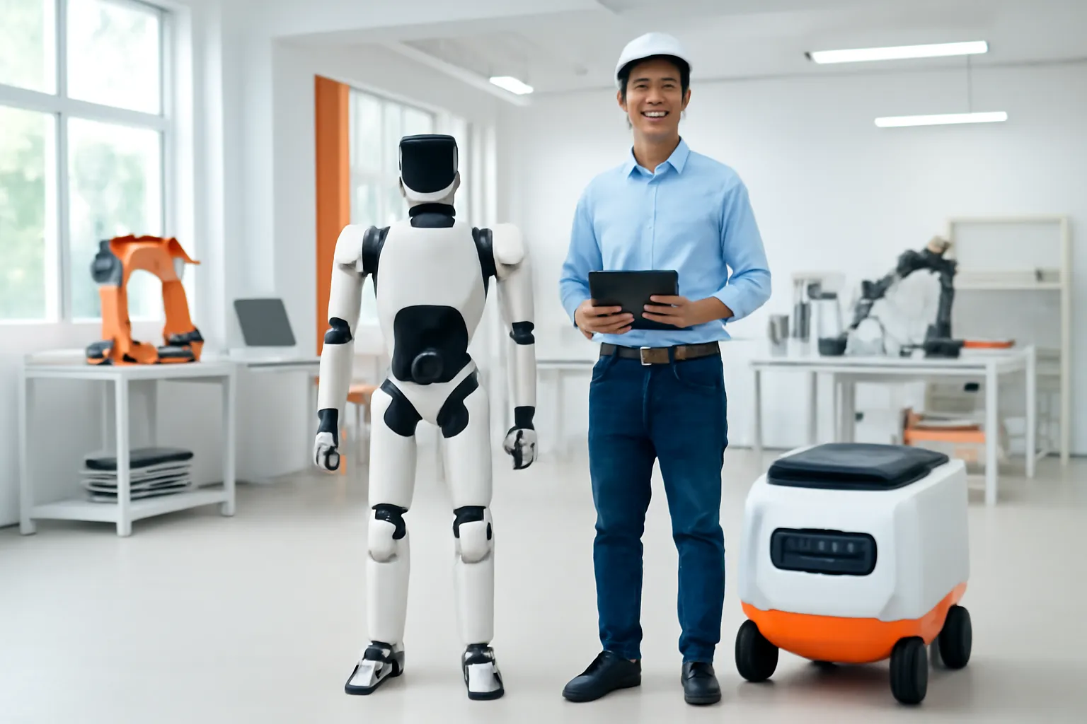 Kỹ sư trẻ đứng giữa robot hai chân và robot bánh xe trong xưởng thử nghiệm sáng