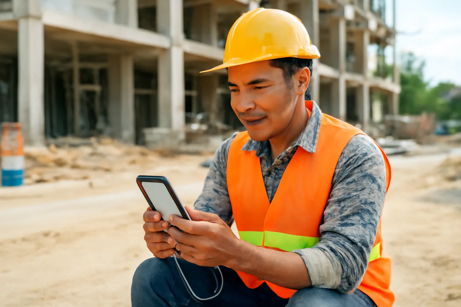 Chú công nhân ngồi ghế nhựa giờ nghỉ trưa ở công trường, đeo tai nghe học
