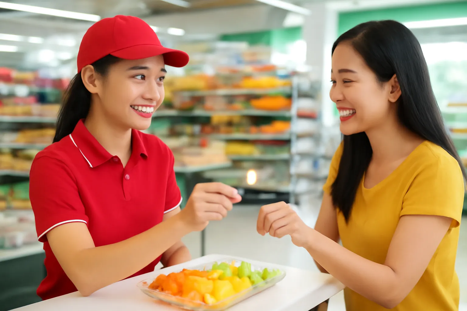 Cô bán hàng mời khách nếm thử trái cây ở quầy siêu thị sáng sủa