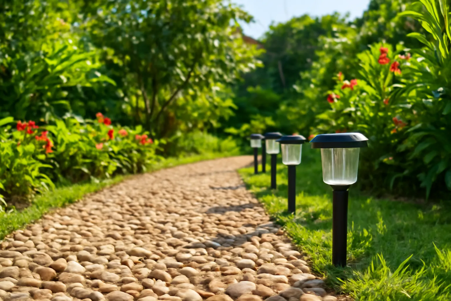 Hàng đèn năng lượng mặt trời cắm dọc lối sỏi trong vườn nhà lúc chiều muộn