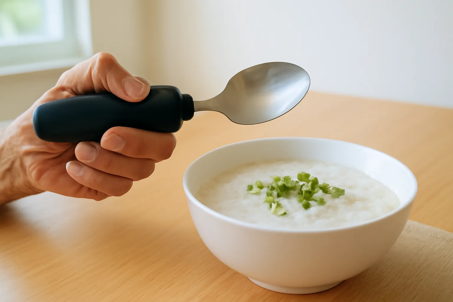 Bàn tay người già cầm chiếc thìa cán to bọc cao su bên bát cháo trên bàn ăn