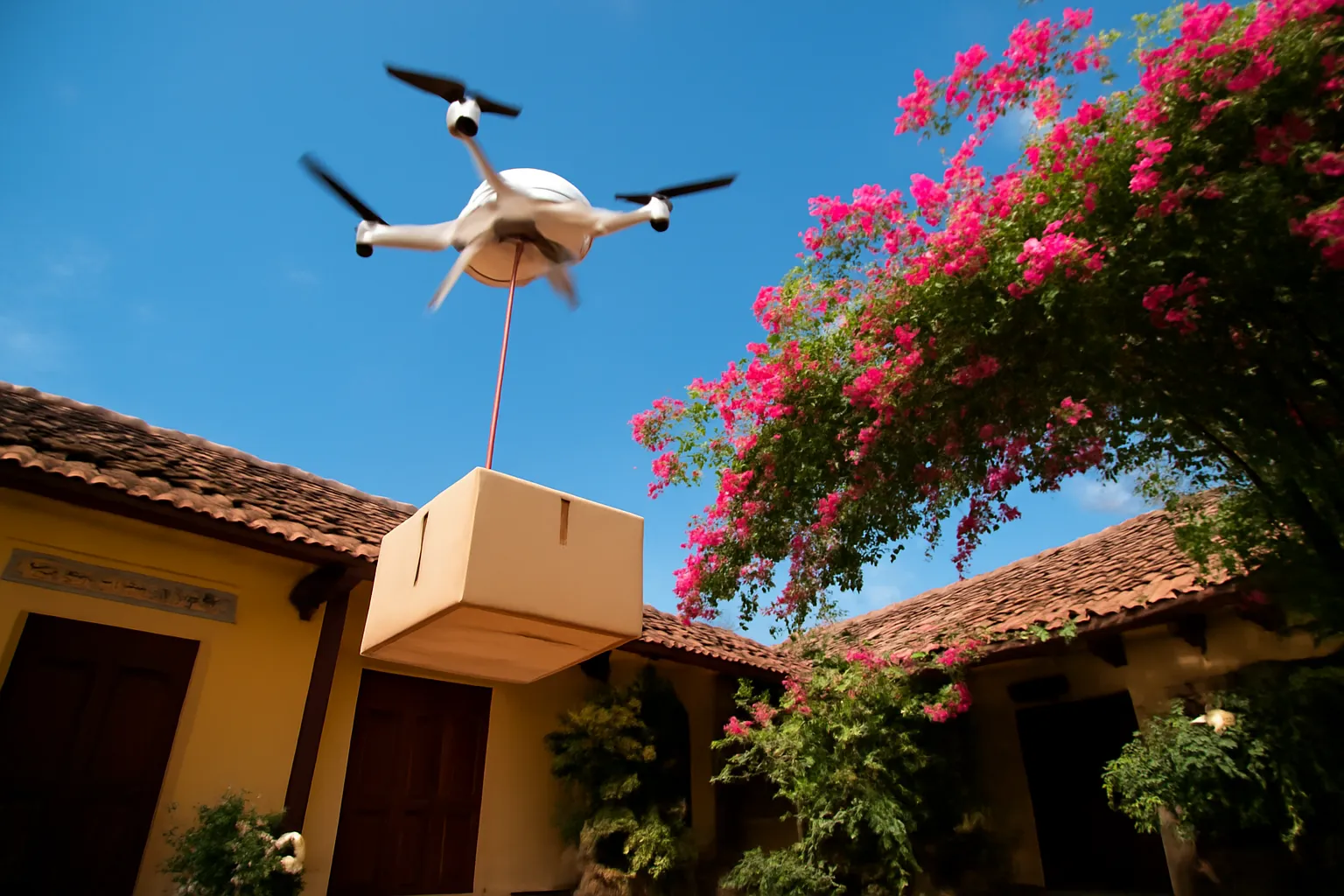 Drone nhỏ thả hộp giấy xuống sân nhà có giàn hoa giấy dưới trời xanh