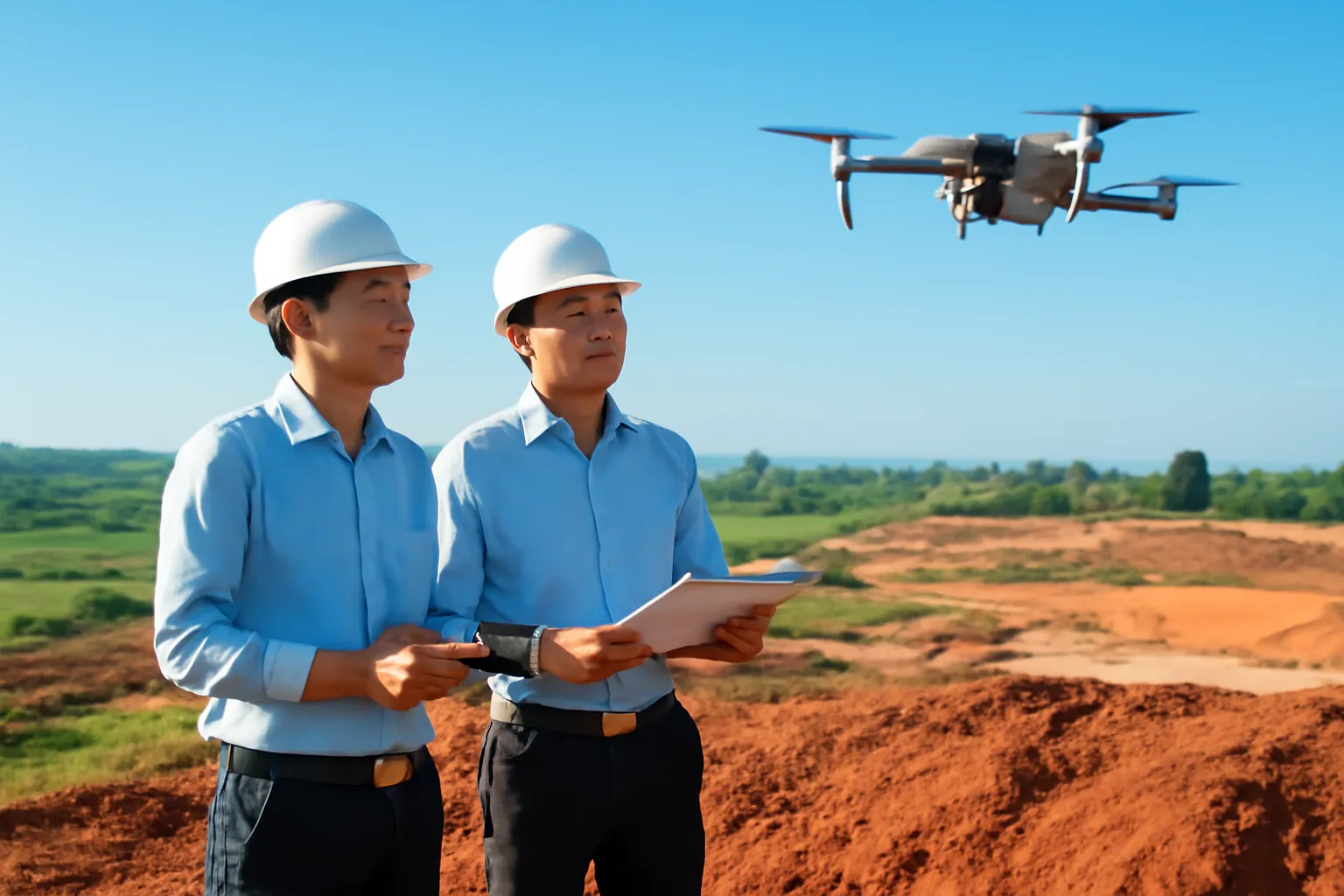 Hai kỹ sư đội mũ bảo hộ đứng trên đồi đất đỏ nhìn drone cất cánh buổi sáng