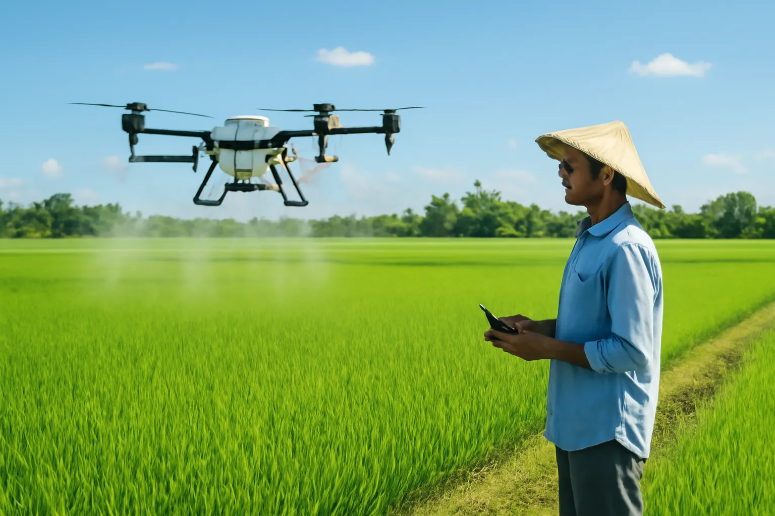 Drone phun thuốc bay thấp trên ruộng lúa, người điều khiển đội nón đứng bờ ruộng