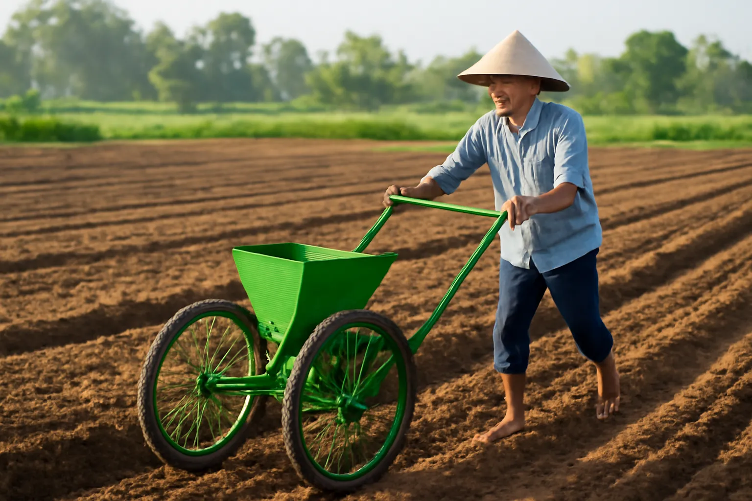 Chú nông dân đẩy xe gieo hạt tự chế sơn xanh trên luống đất buổi sáng