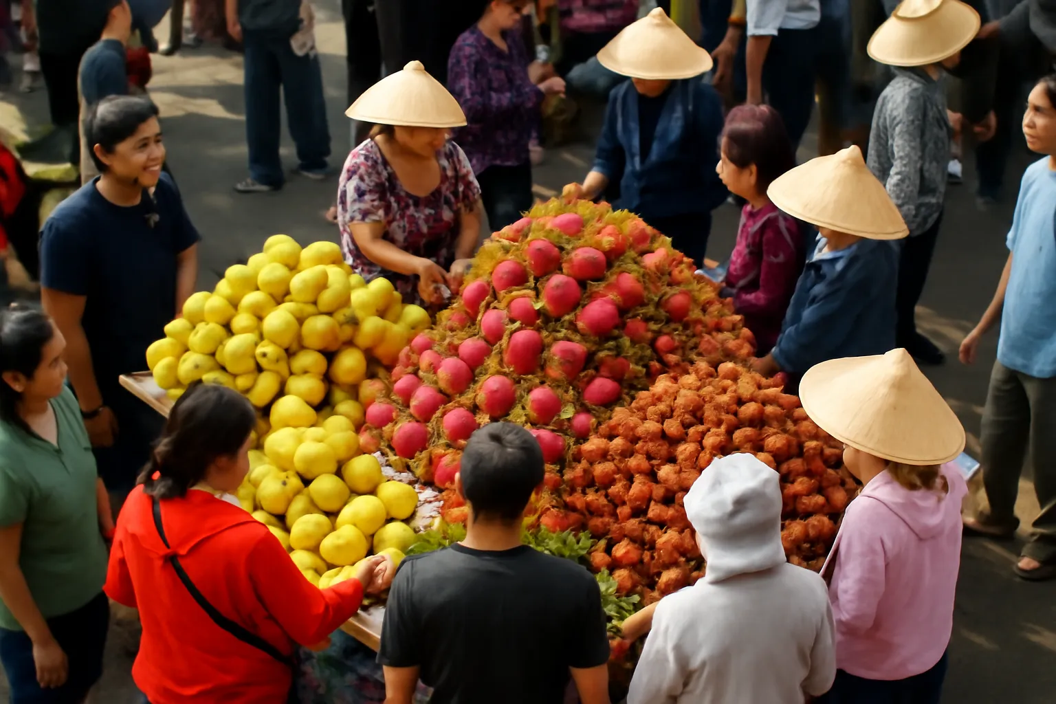 Sạp trái cây chợ sáng đông khách vây quanh nhìn từ trên cao