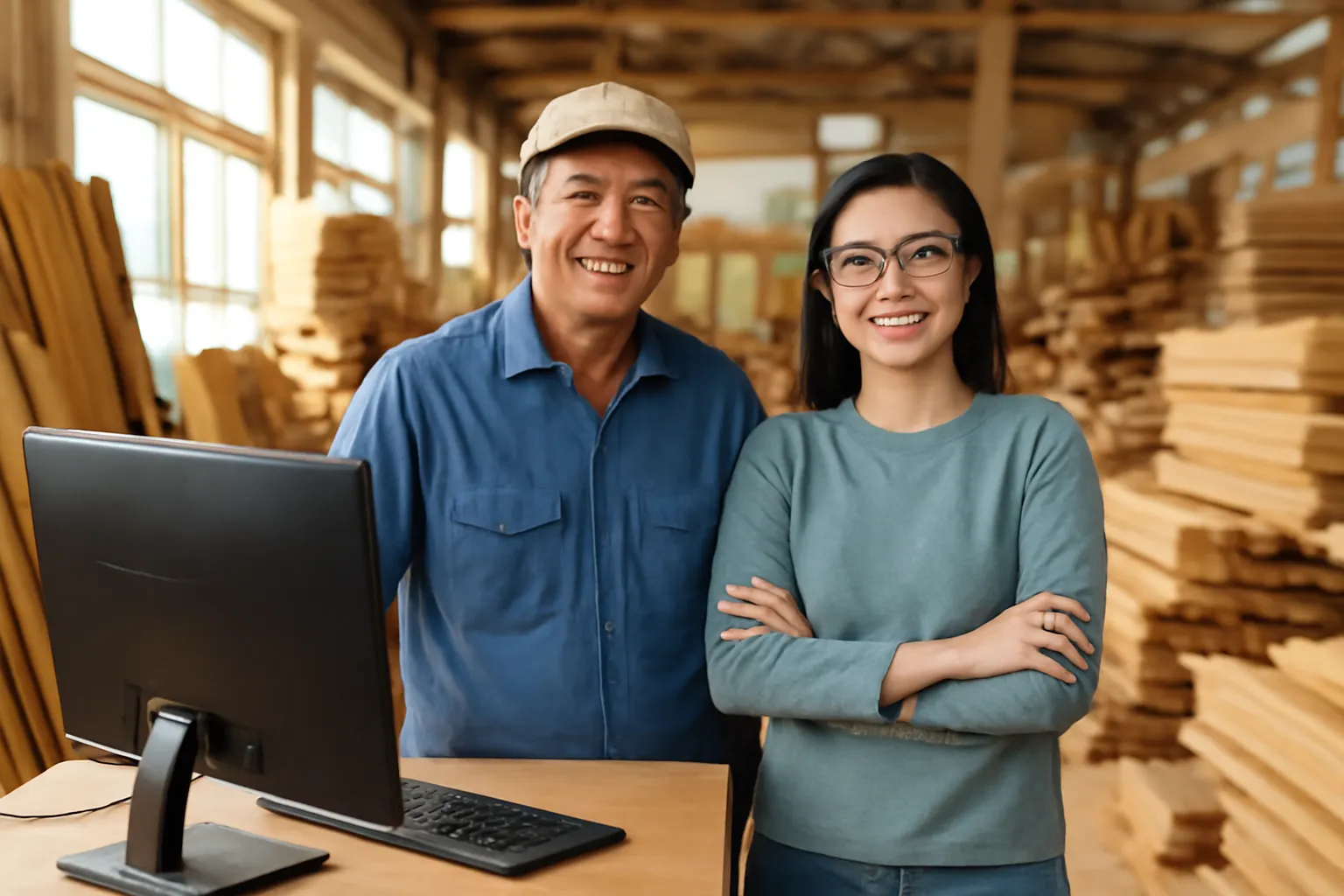 Anh chủ xưởng mộc và cô lập trình viên đứng cạnh máy tính giữa xưởng gỗ sáng