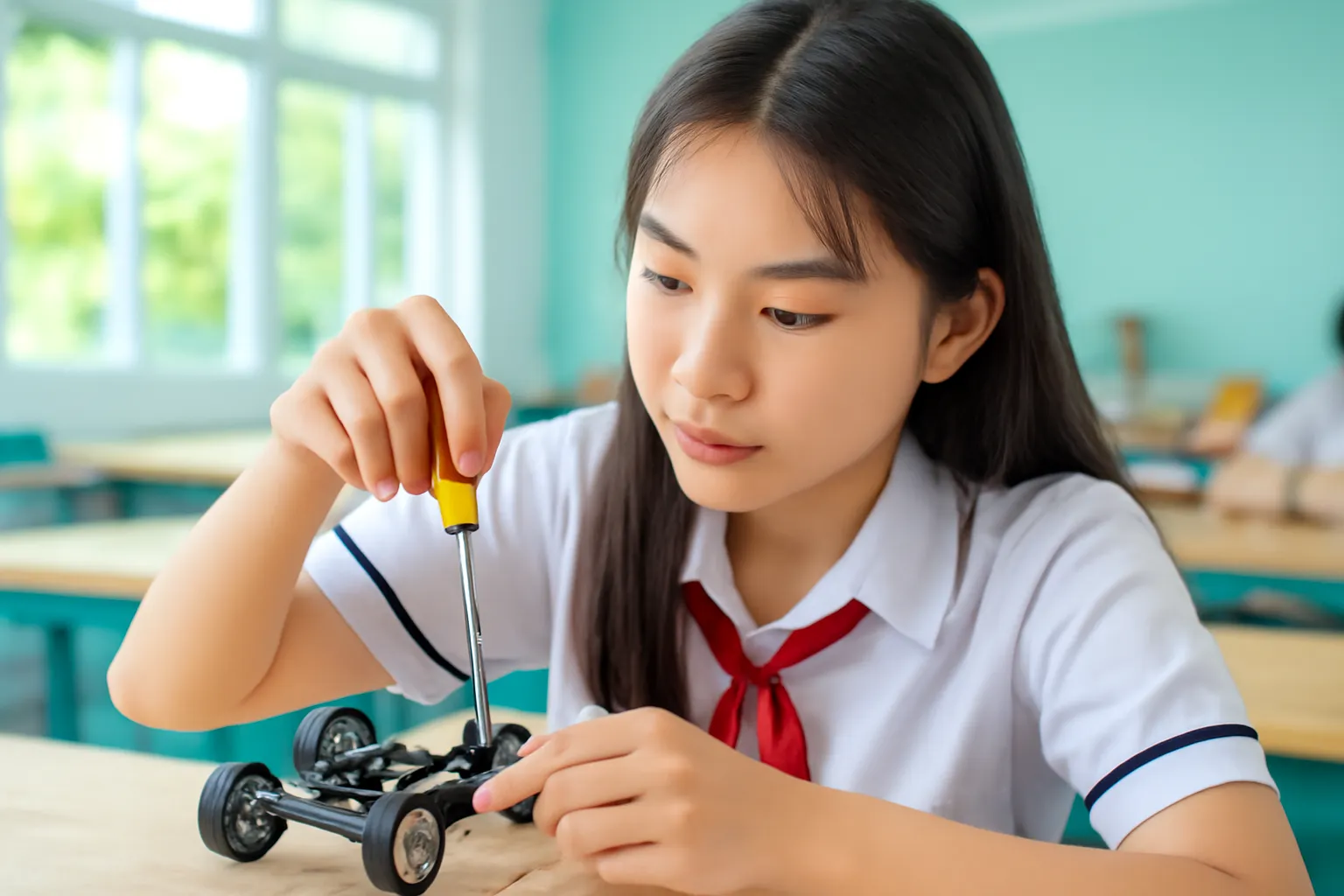 Cô nữ sinh cấp ba vặn ốc mô hình xe trong phòng thực hành trường sáng sủa