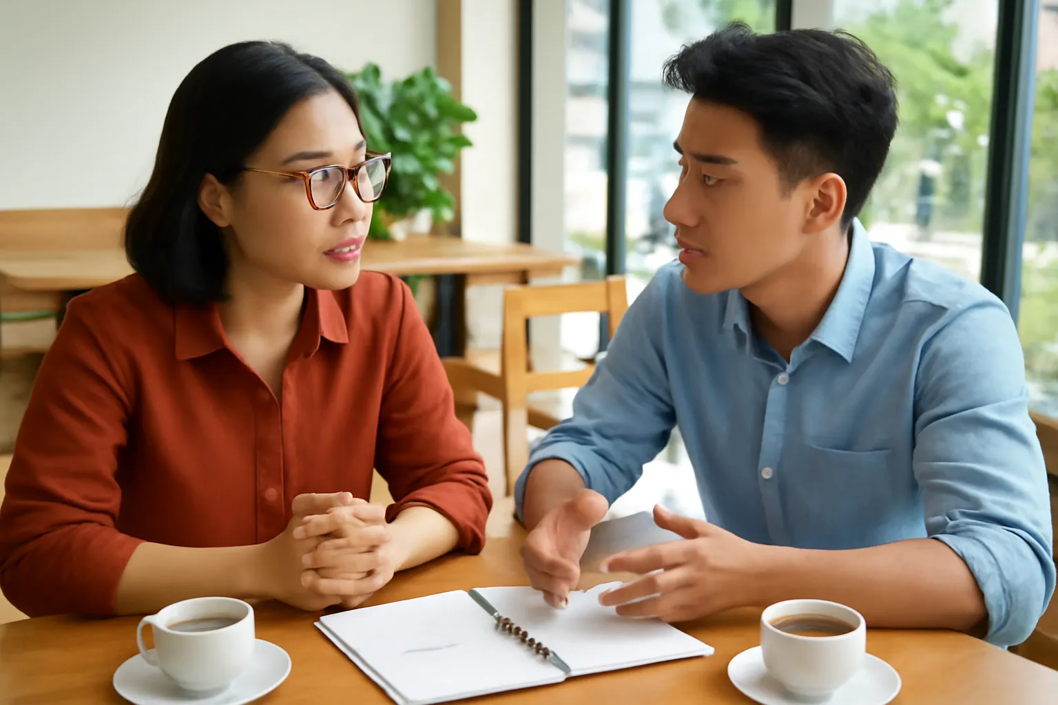Hai người sáng lập trẻ trò chuyện bên bàn gỗ quán cà phê sáng