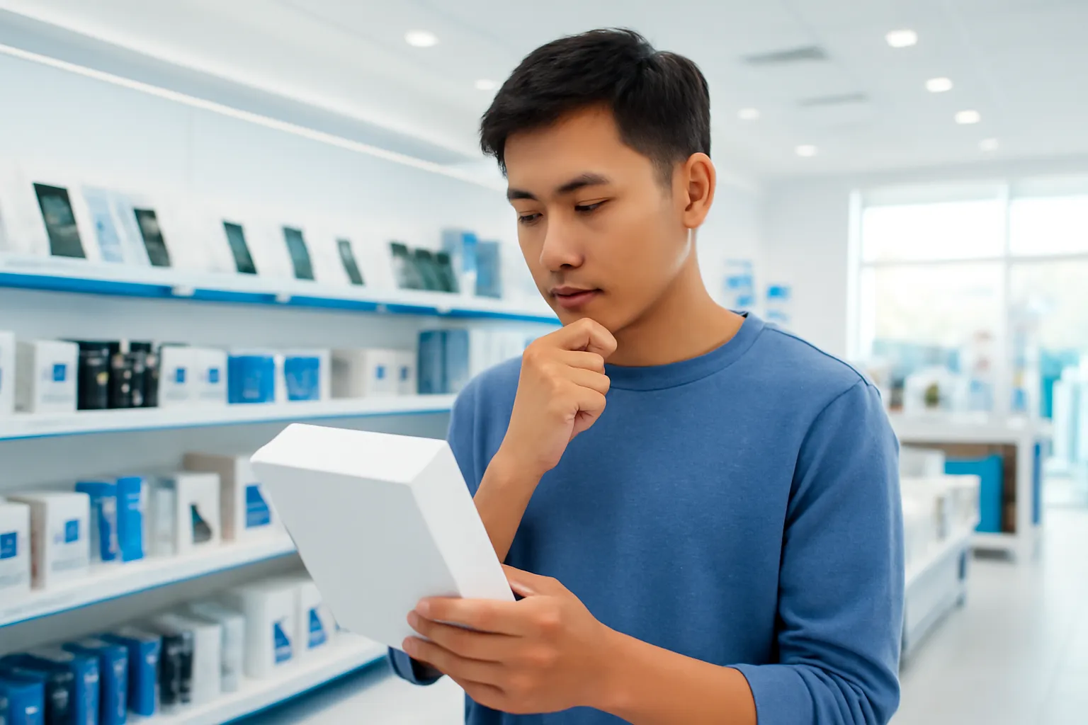 Chàng trai đứng trước kệ hàng siêu thị điện máy cầm hộp sản phẩm trơn