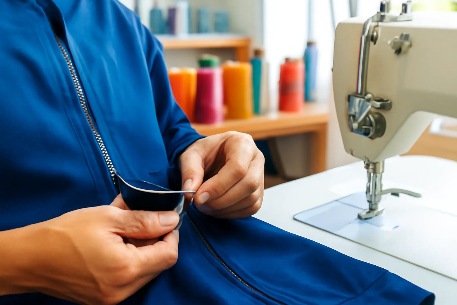 Bàn tay thợ may kéo khoá kéo trên áo khoác vải xanh cạnh máy may trong tiệm