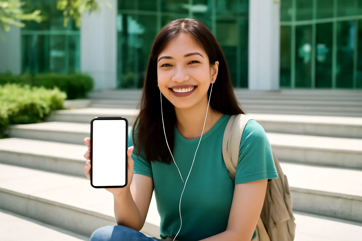 Cô sinh viên ngồi bậc thềm thư viện mỉm cười cầm điện thoại học ngoại ngữ