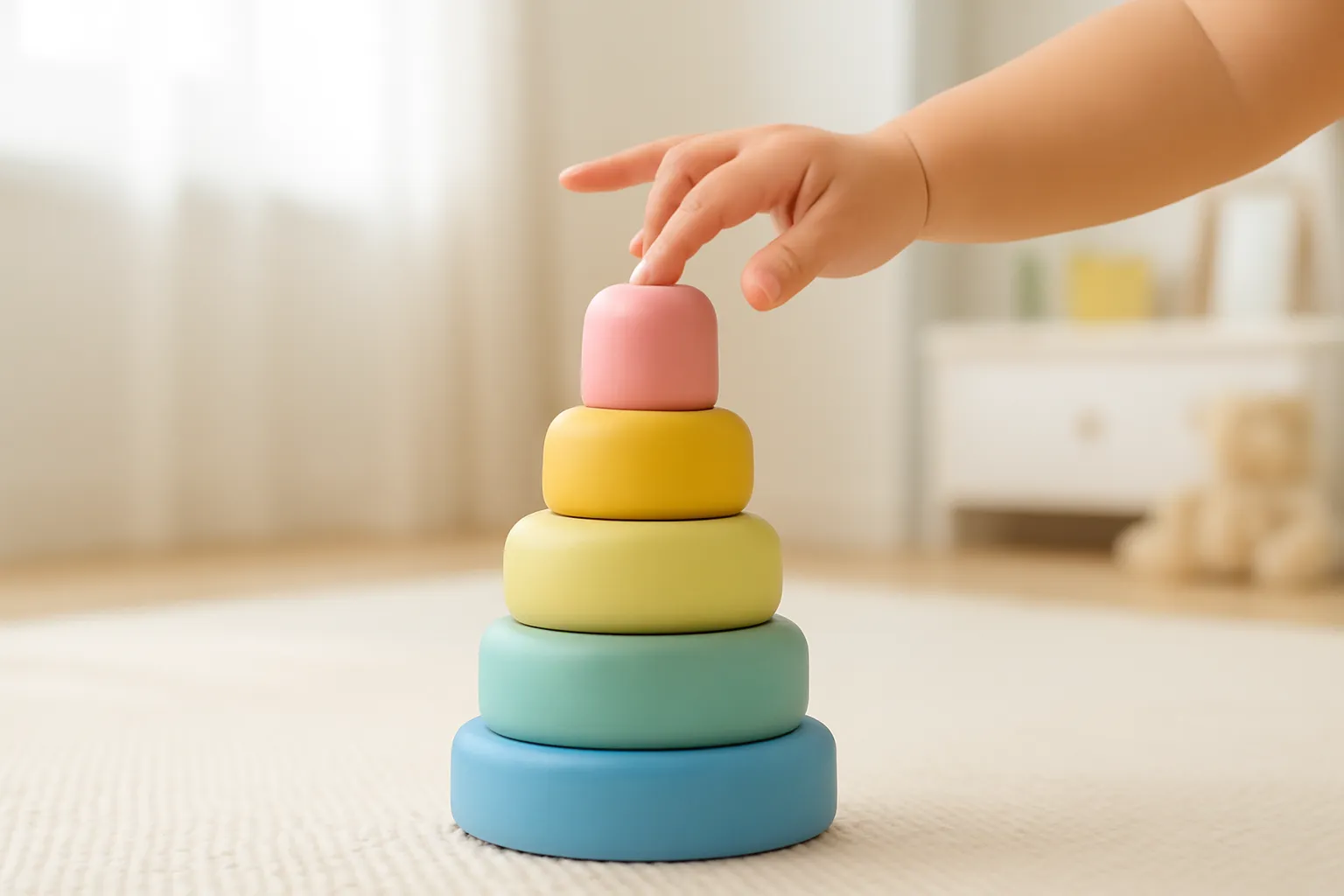Khối gỗ tròn cạnh màu pastel xếp thành tháp trên thảm, bàn tay em bé chạm vào