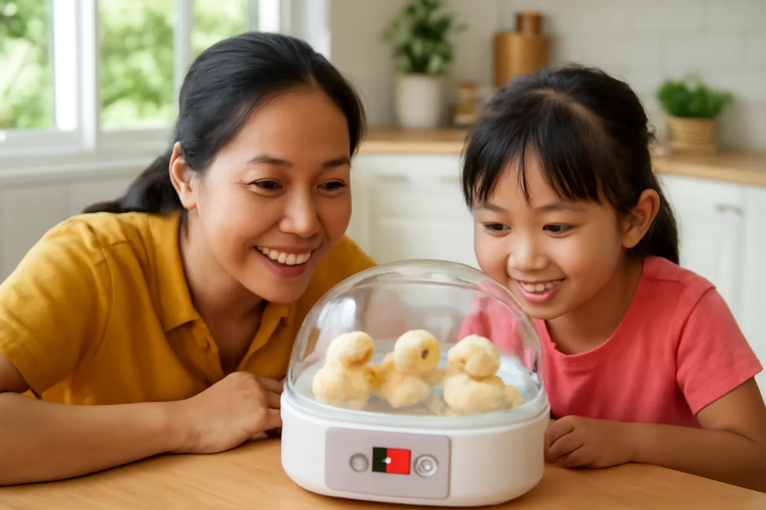 Mẹ và em bé nhìn gà con mới nở trong máy ấp nắp trong ở gian bếp quê