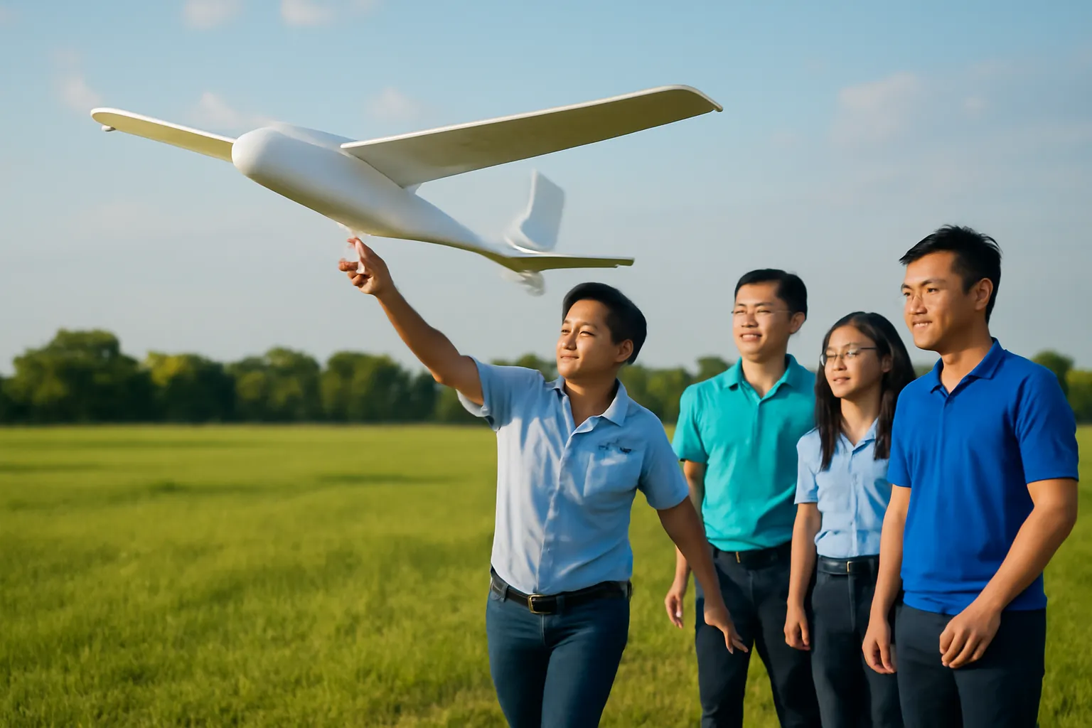 Nhóm sinh viên phóng máy bay mô hình cánh bằng xốp trắng bằng tay trên bãi cỏ