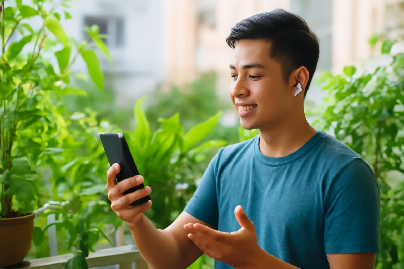 Chàng trai đeo tai nghe nói vào điện thoại trên ban công đầy cây buổi sáng sớm