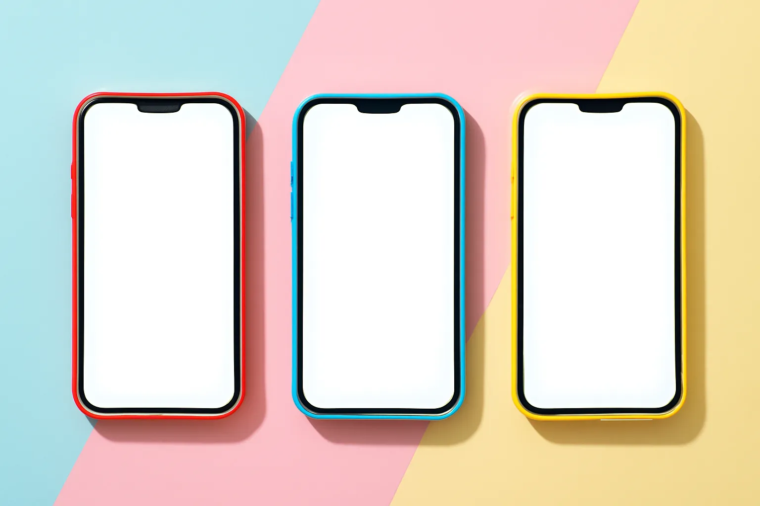 Ba chiếc điện thoại màn hình trống nhiều màu xếp cạnh nhau trên nền giấy pastel