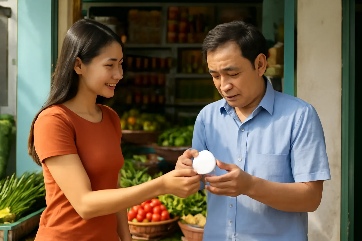 Cô gái trẻ đưa thiết bị nhỏ cho cô chủ tiệm tạp hoá cầm thử trước cửa tiệm