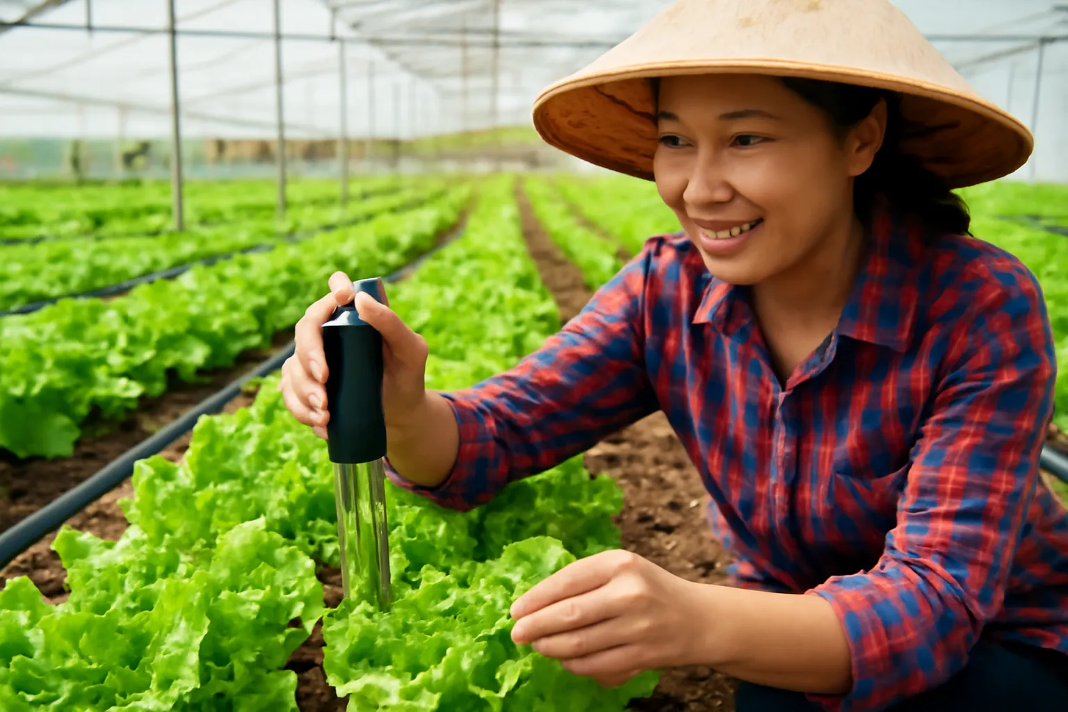 Chị nông dân cắm que cảm biến vào luống xà lách xanh trong nhà màng sáng