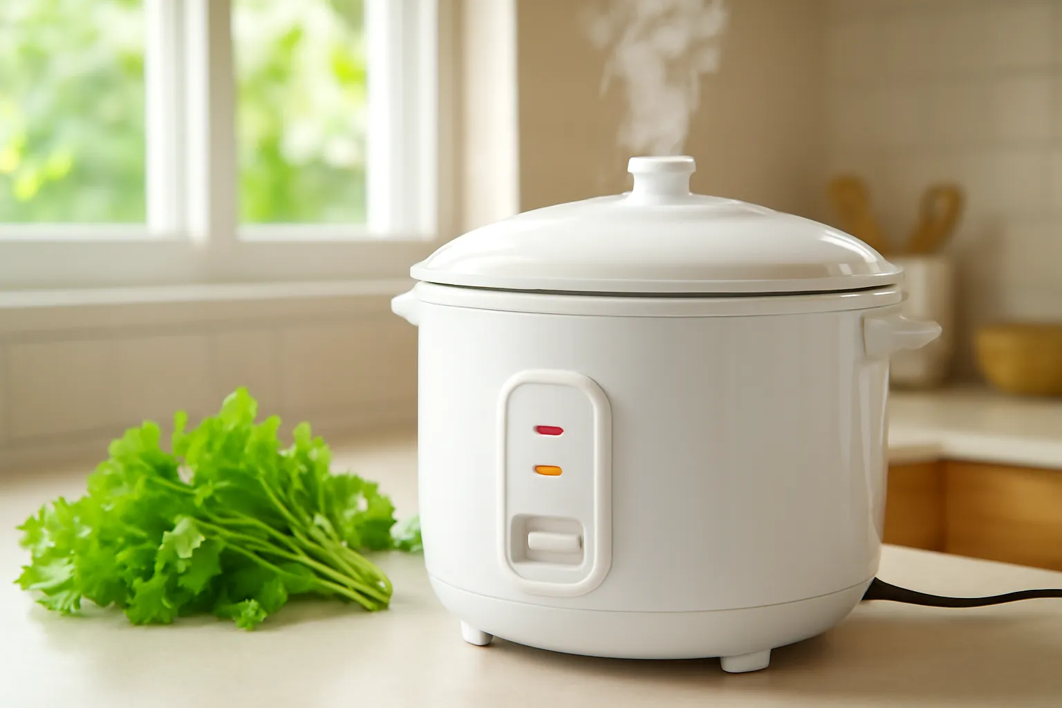 Nồi cơm điện trắng bốc hơi trên kệ bếp gia đình sáng sủa