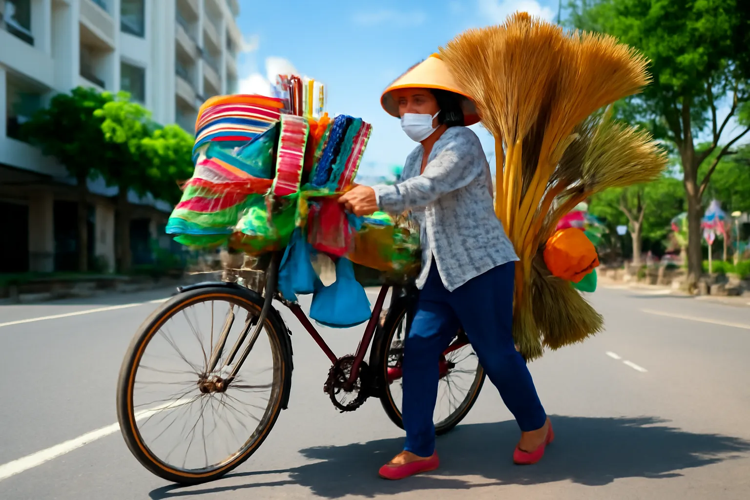 Chú bán hàng rong đẩy xe đạp chở đầy hàng trên phố sáng