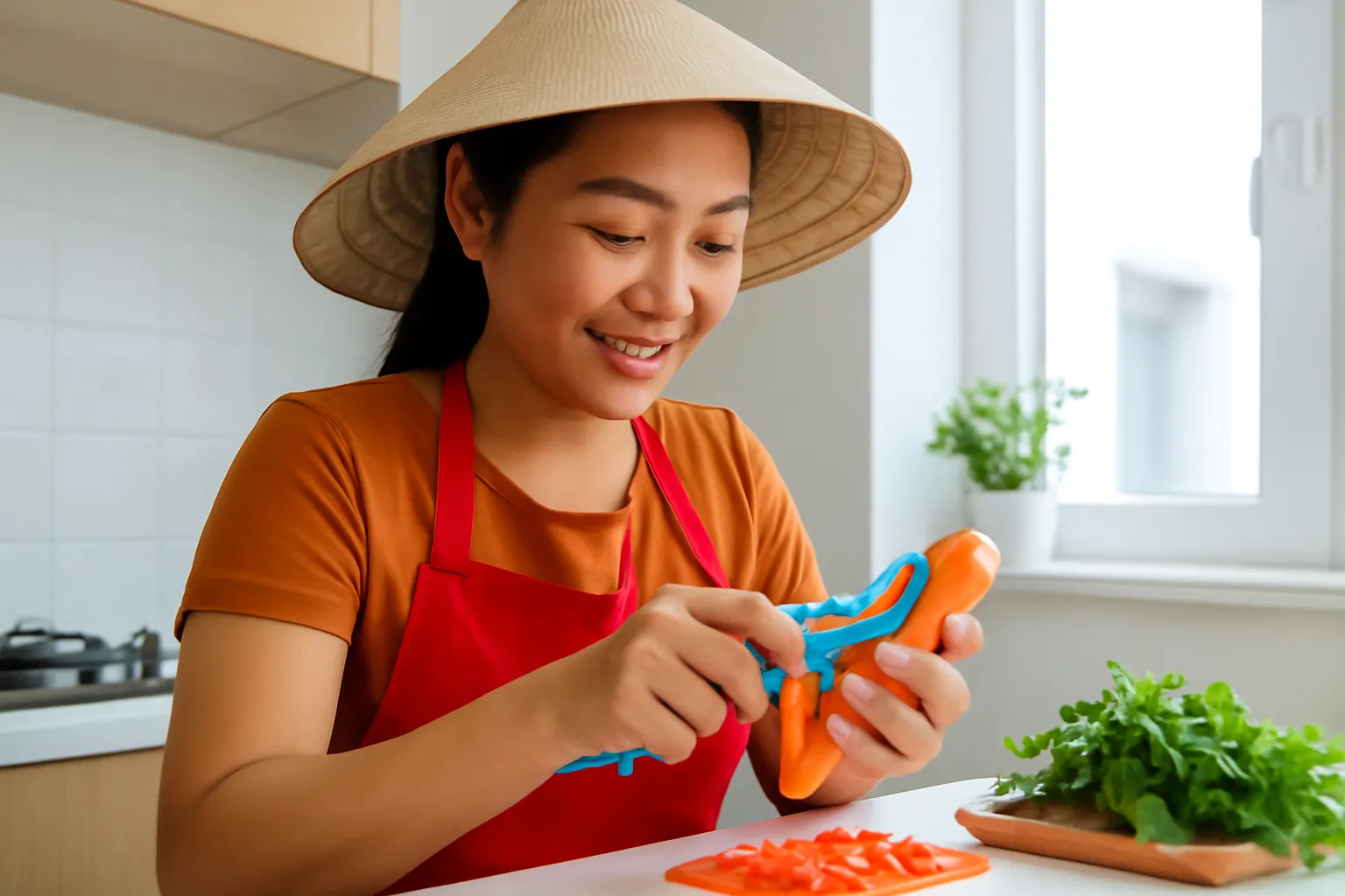 Người phụ nữ gọt củ quả bằng dụng cụ nhựa màu trong bếp căn hộ nhỏ sáng