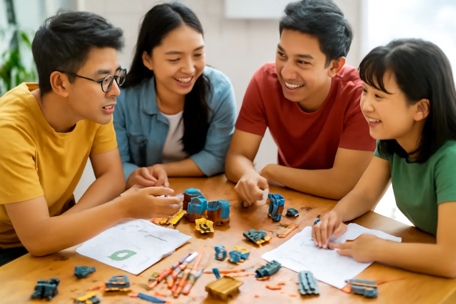 Bốn bạn trẻ quây quanh bàn xưởng có linh kiện và mô hình, nhìn từ trên xuống