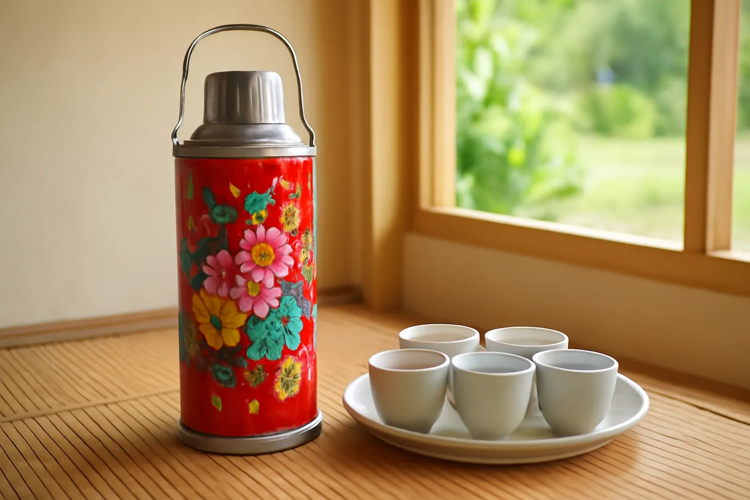 Phích nước hoa văn đặt cạnh khay chén trà trên chiếu tre trong nhà quê sáng