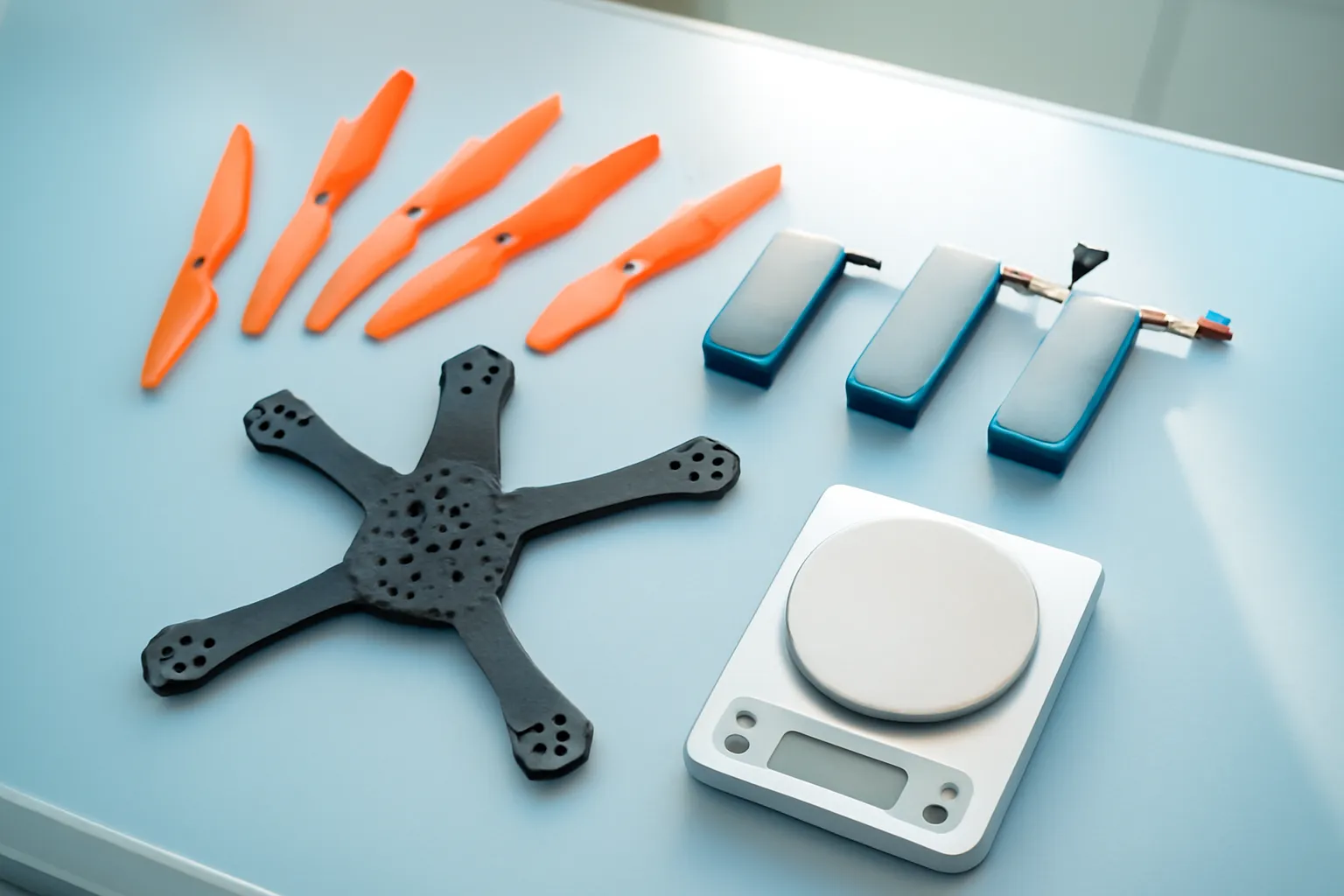 Khối pin và khung drone tháo rời xếp trên bàn thử nghiệm cạnh một chiếc cân điện tử