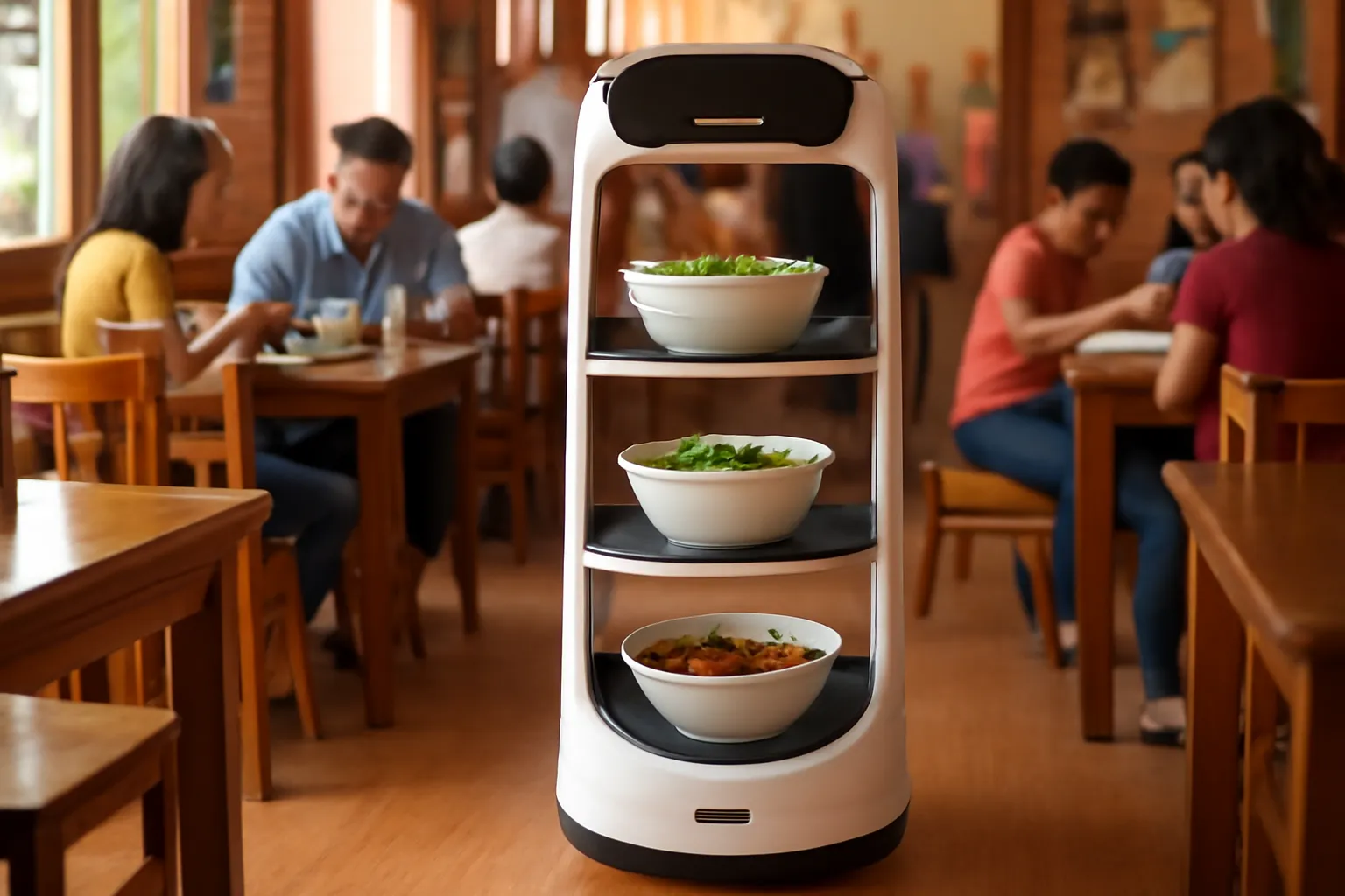 Robot khay trắng chở món ăn đi giữa các bàn gỗ trong quán ăn gia đình giờ trưa