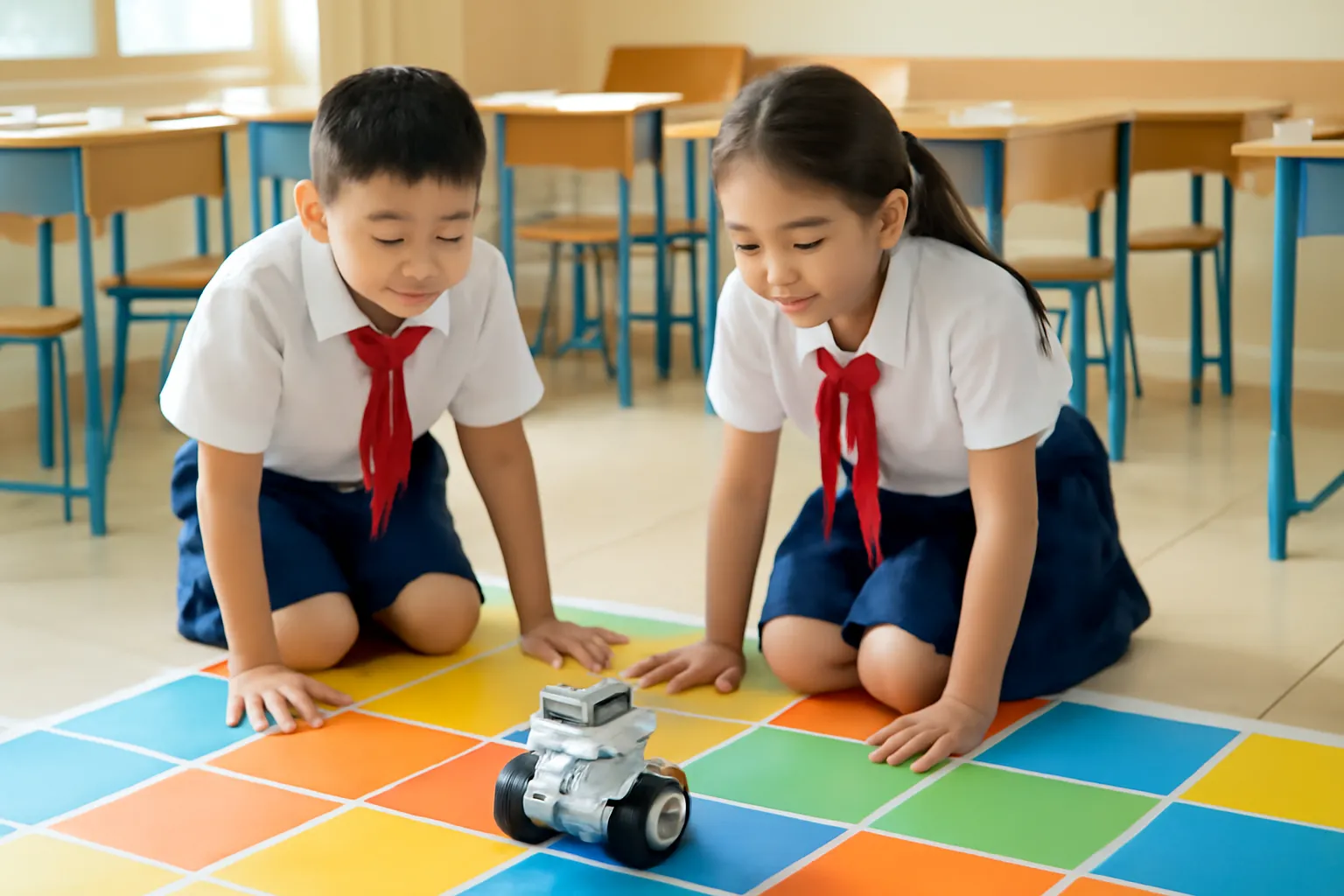 Hai em tiểu học cúi nhìn robot bánh xe chạy trên thảm ô màu