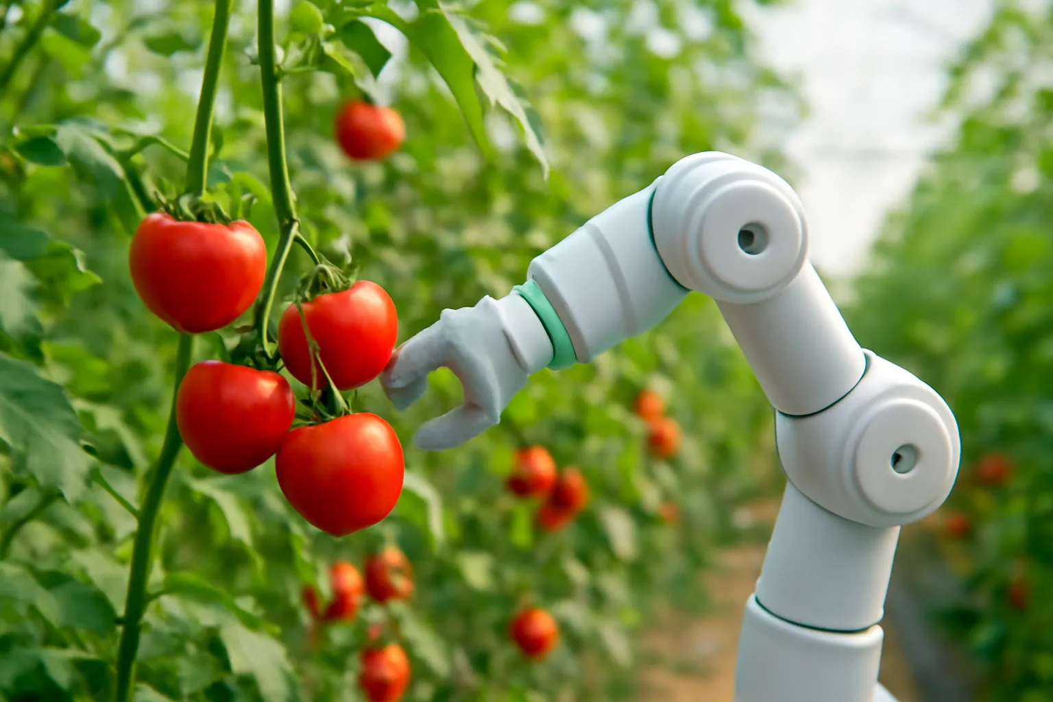Cánh tay robot nhỏ vươn tới chùm cà chua đỏ trong nhà màng buổi sáng sớm