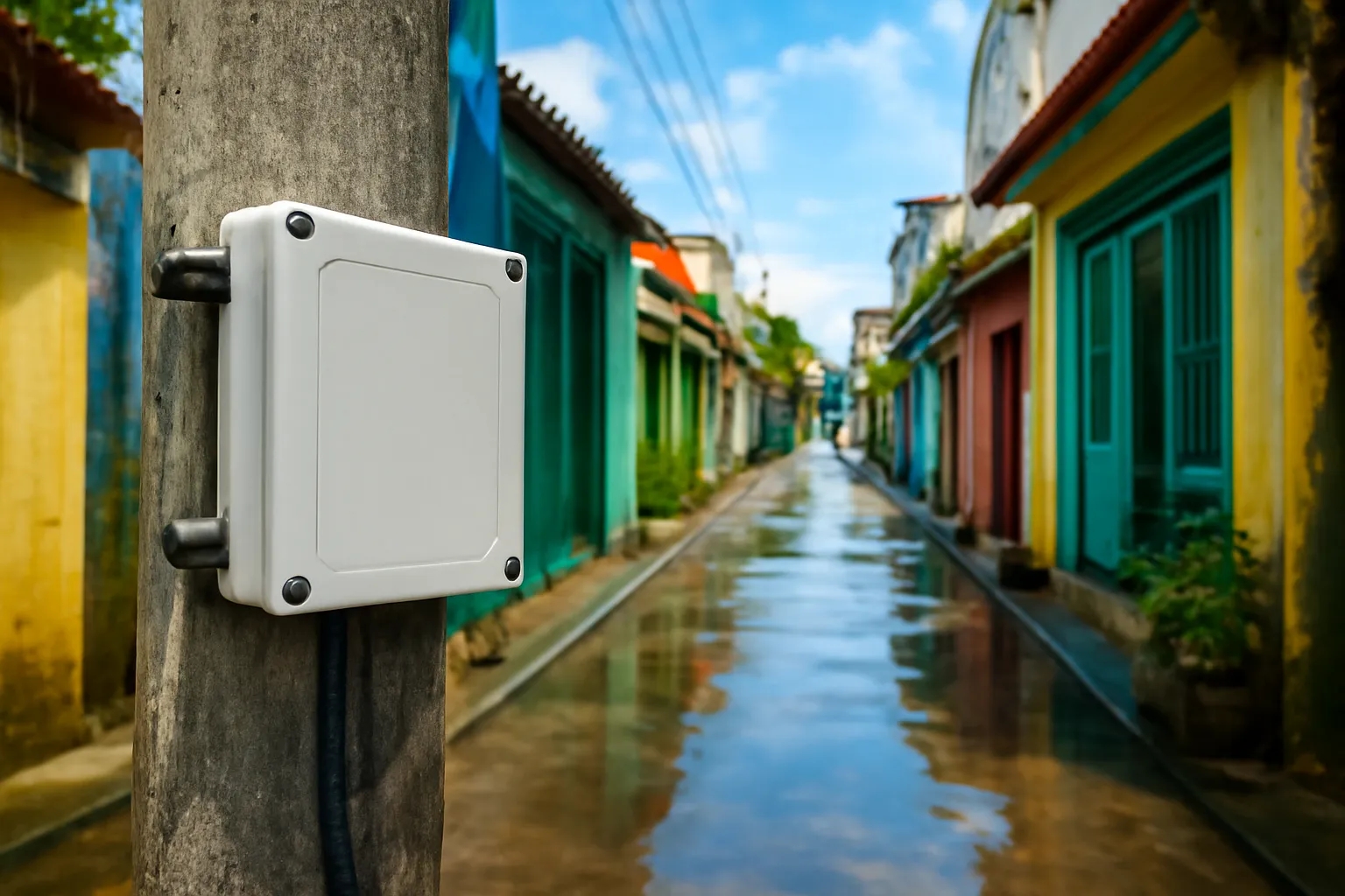 Hộp thiết bị nhỏ gắn cột đầu hẻm sau cơn mưa, mặt đường ướt phản chiếu trời