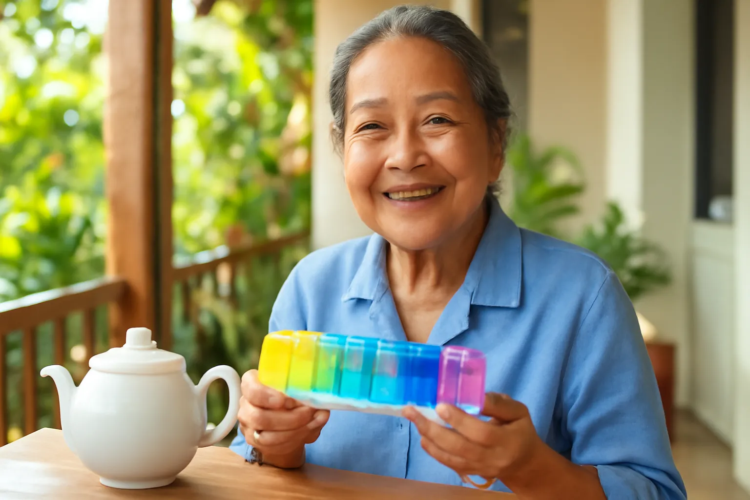 Cụ bà cầm hộp chia thuốc nhiều ngăn màu bên ấm trà trên bàn gỗ ngoài hiên