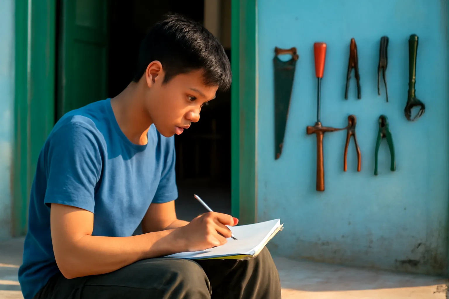 Anh thợ trẻ ngồi bậc cửa xưởng phác thảo bằng bút chì vào sổ tay buổi sáng sớm
