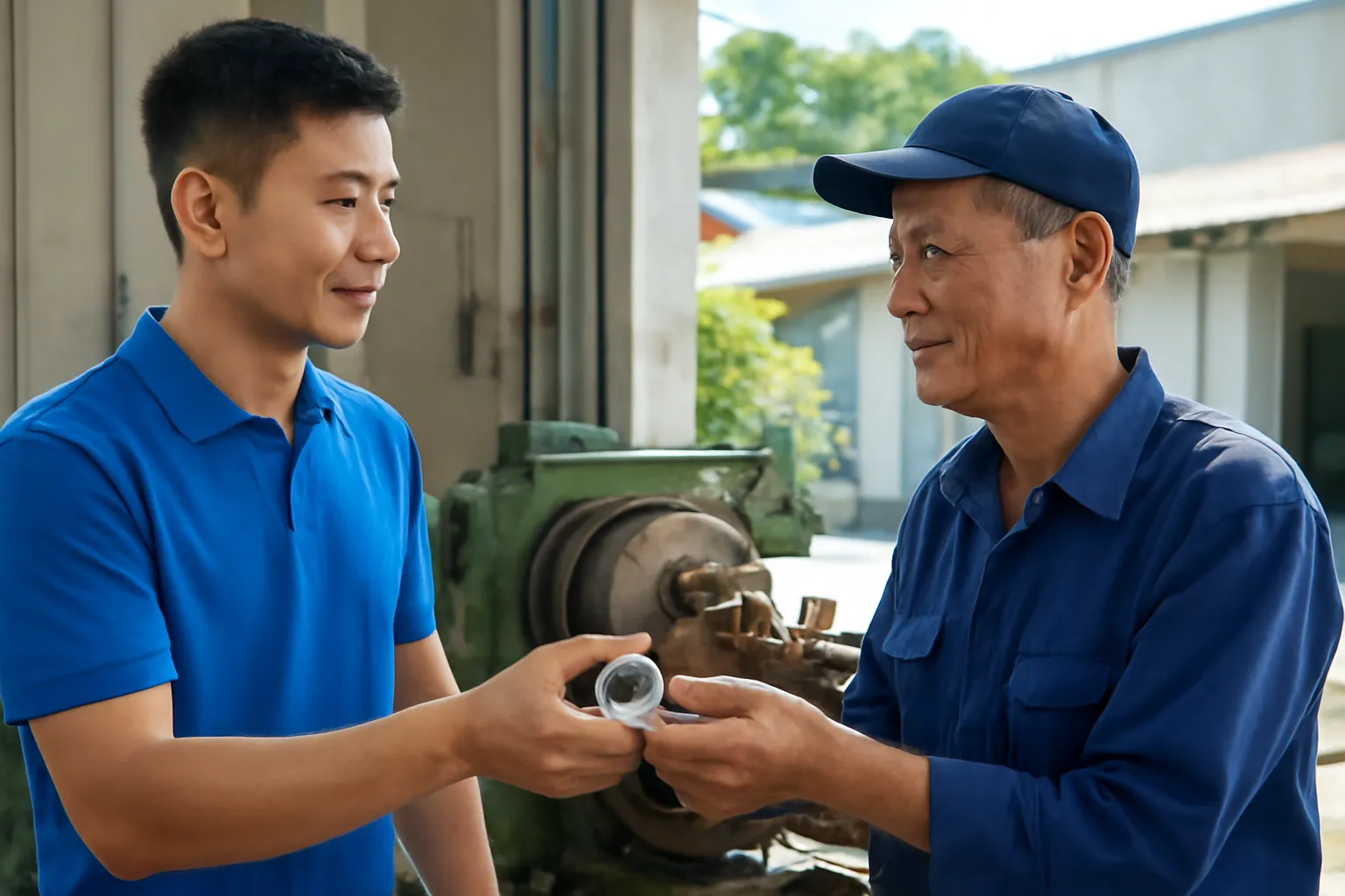 Anh thanh niên đưa chi tiết nhôm cho chú thợ ở xưởng tiện