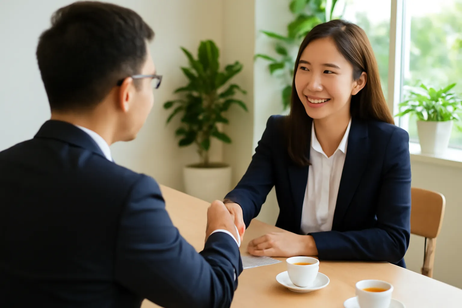 Hai người bắt tay qua bàn họp nhỏ có tách trà trong phòng sáng