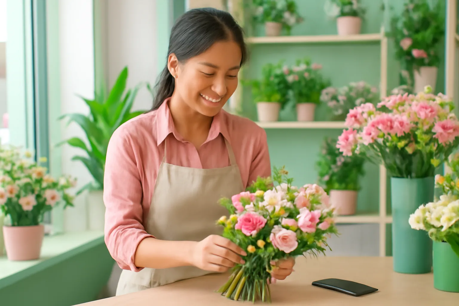 Chị chủ tiệm hoa đứng bên quầy, điện thoại úp mặt cạnh bó hoa tươi