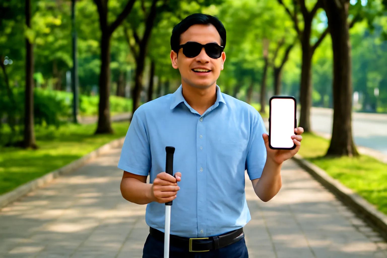 Người đàn ông khiếm thị cầm gậy trắng và điện thoại đi trên vỉa hè có hàng cây