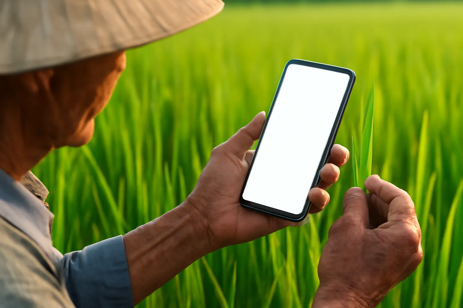 Bác nông dân cầm điện thoại chụp cận lá lúa giữa ruộng xanh buổi sáng