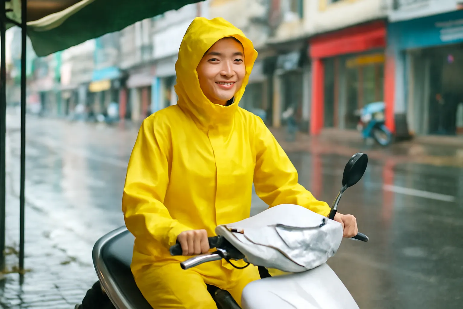 Cô gái mặc áo mưa bộ màu vàng ngồi trên xe máy dưới mái hiên phố mưa ngớt